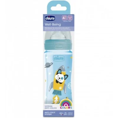 Chicco Biberon Well-Being 4M+ Tétine silicone Bleu