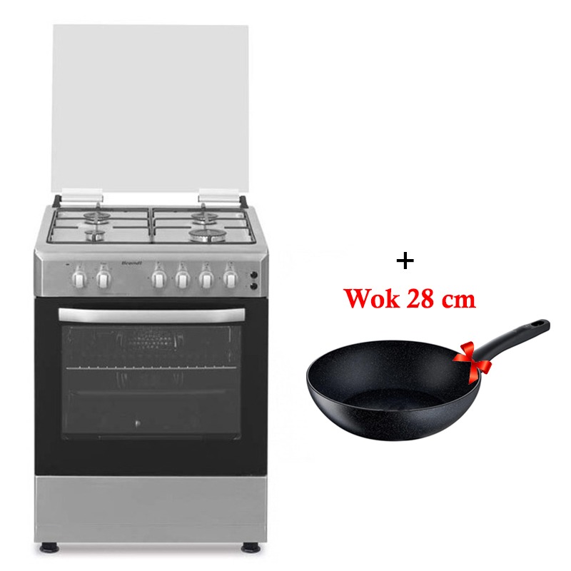 Brandt Cuisinière à Gaz BGE6241X 60 cm 4 Feux + Wok 28 cm