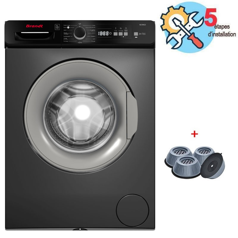 Brandt Lave Linge Frontal BLF842S 8kg + Pack 4 Tampons Anti-Vibration